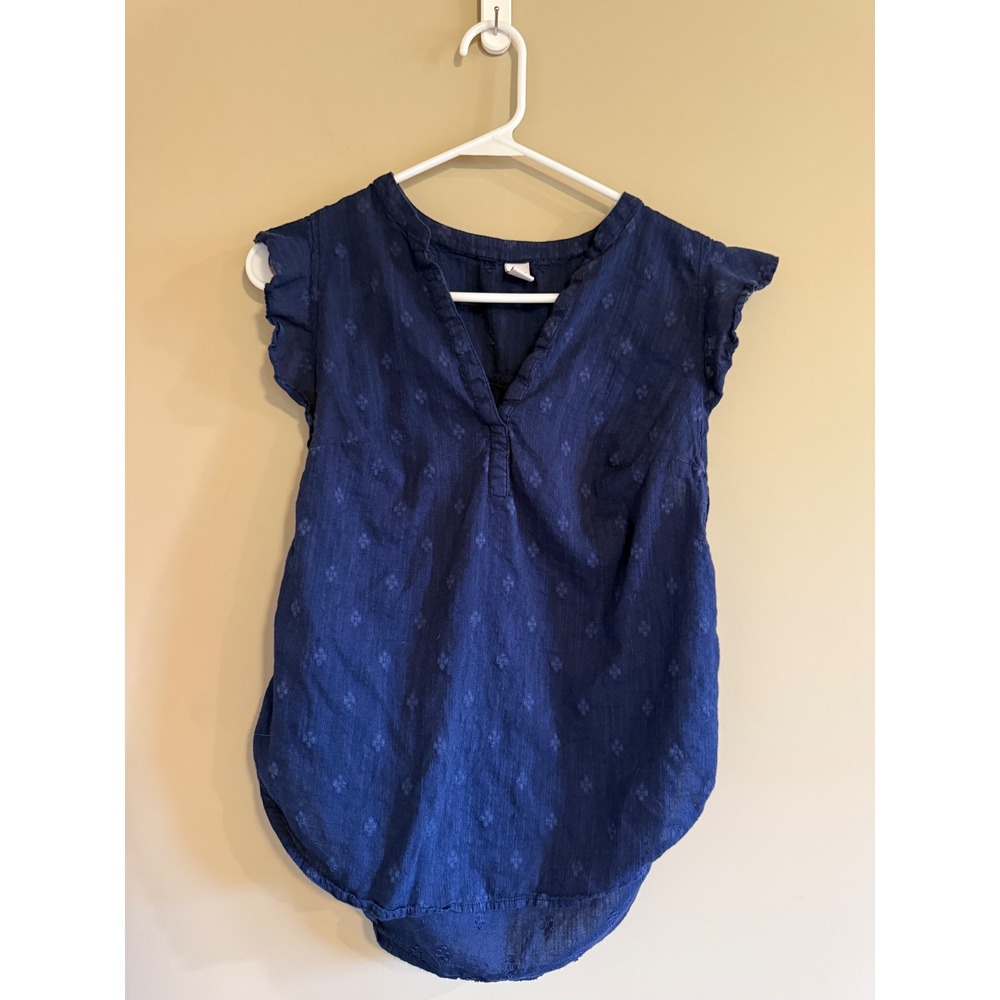 Old Navy Womens Navy Blue Clip Dot Flutter Sleeve Split Neck Blouse Size M